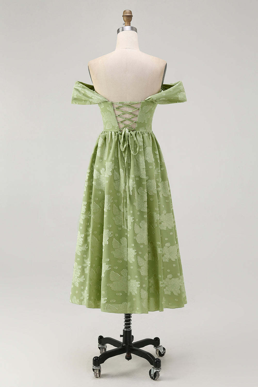 Sage Green Floral Midi Off the Shoulder Bridesmaid Dress