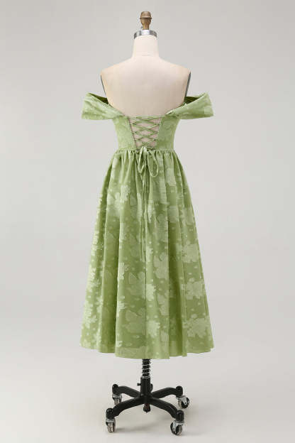 Sage Green Floral Midi Off the Shoulder Bridesmaid Dress