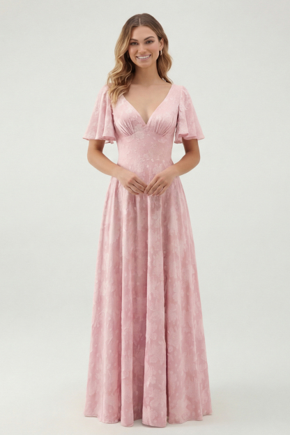 Sage Green Floral A Line V-Neck Maxi Wedding Guest Dress