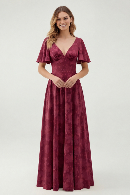 Sage Green Floral A Line V-Neck Maxi Wedding Guest Dress