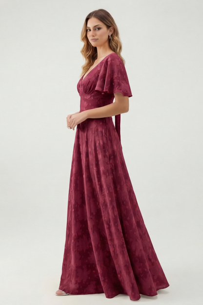 Sage Green Floral A Line V-Neck Maxi Wedding Guest Dress