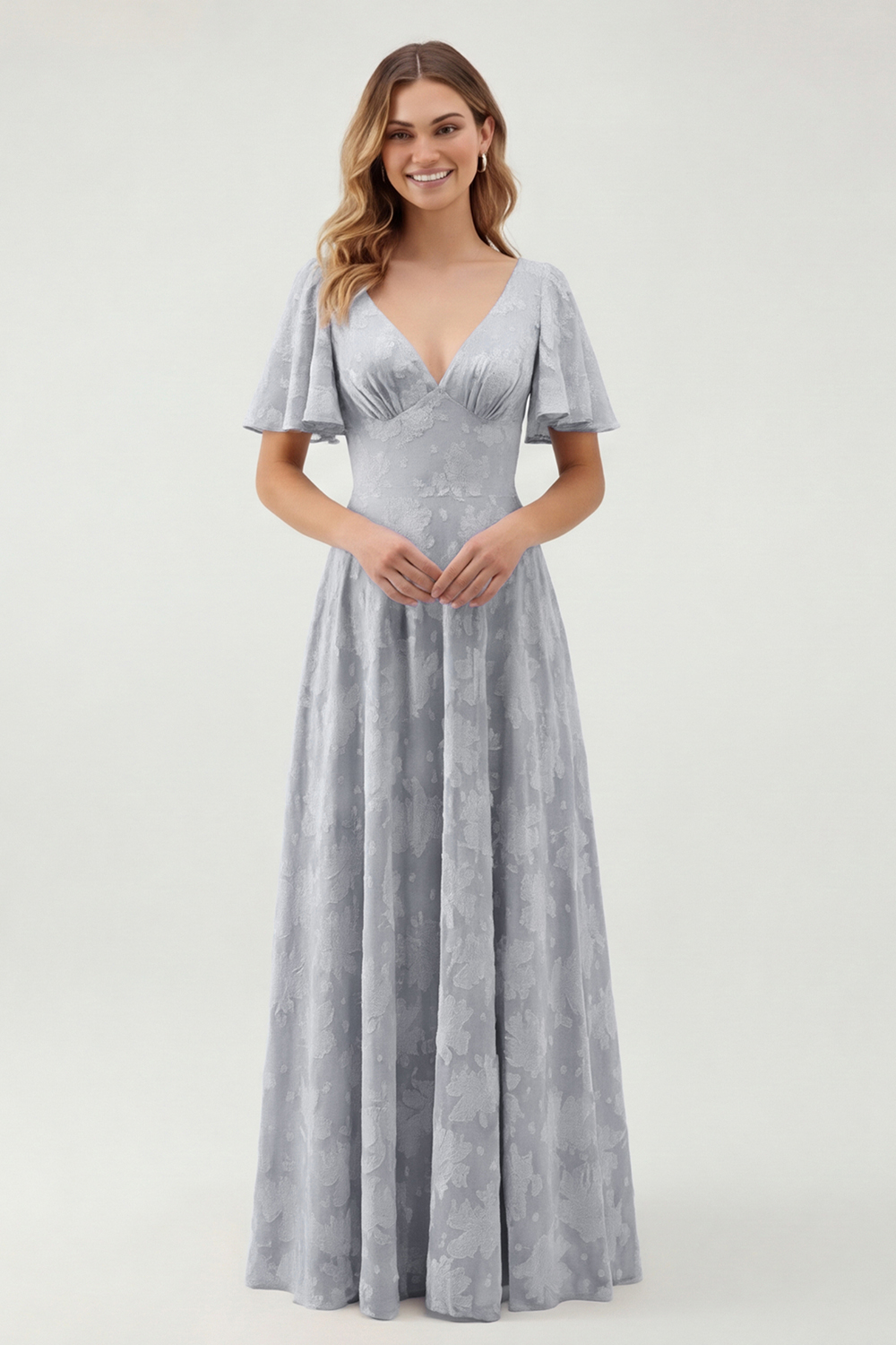 Sage Green Floral A Line V-Neck Maxi Wedding Guest Dress