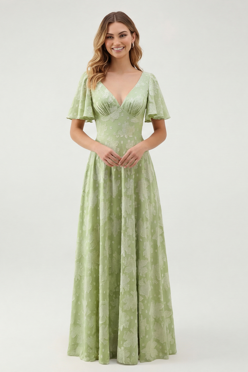 Sage Green Floral A Line V-Neck Maxi Wedding Guest Dress