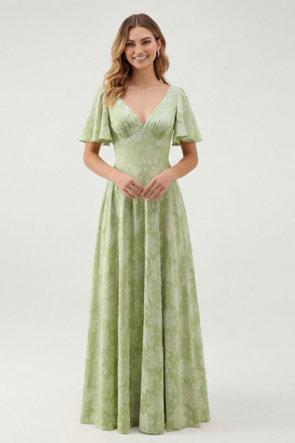 Sage Green Floral A Line V-Neck Maxi Wedding Guest Dress