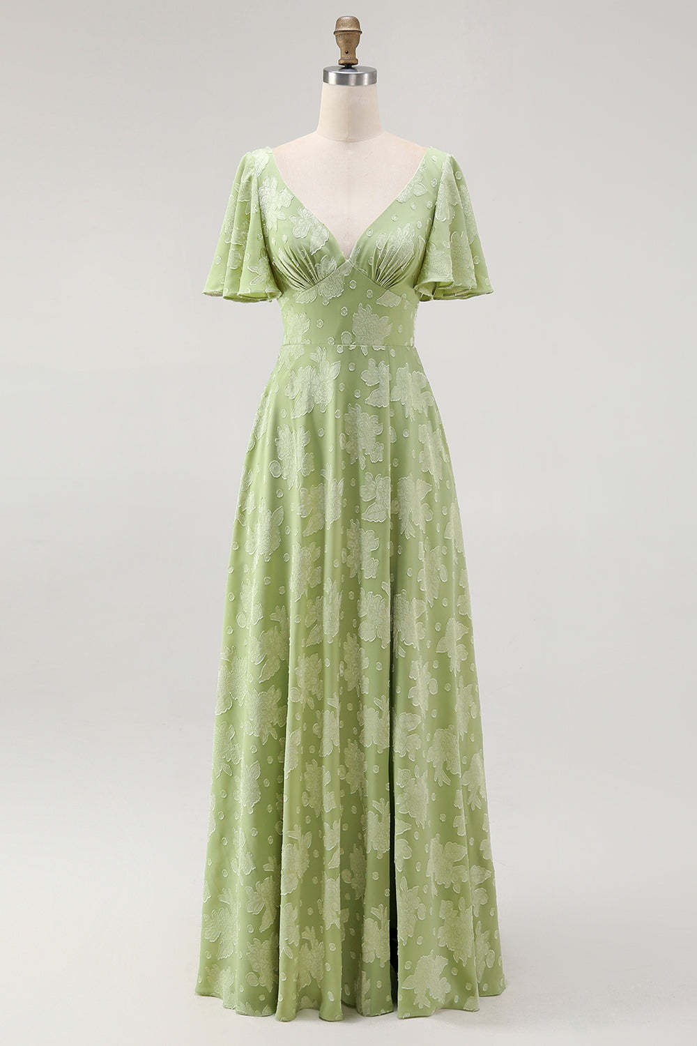 Leely Women Sage Green V-Neck Long Wedding Guest Dress with Sleeves Floral A Line Bridesmaid Dress with Ruffles