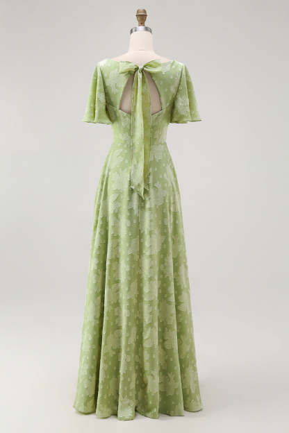 Sage Green Floral A Line V-Neck Maxi Wedding Guest Dress