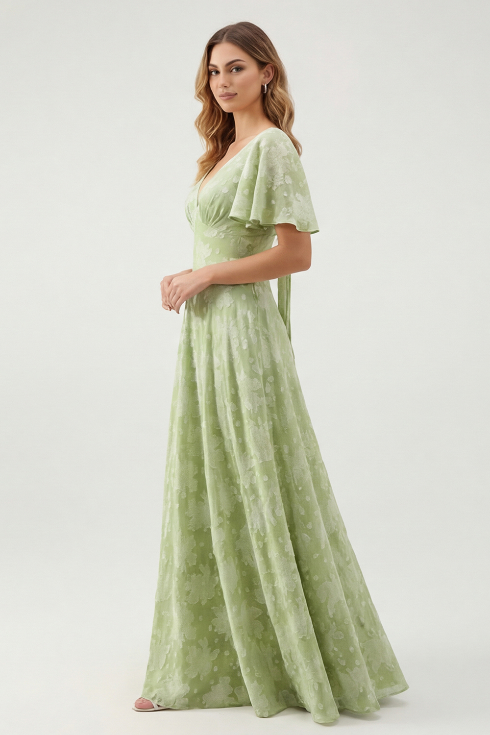 Sage Green Floral A Line V-Neck Maxi Wedding Guest Dress