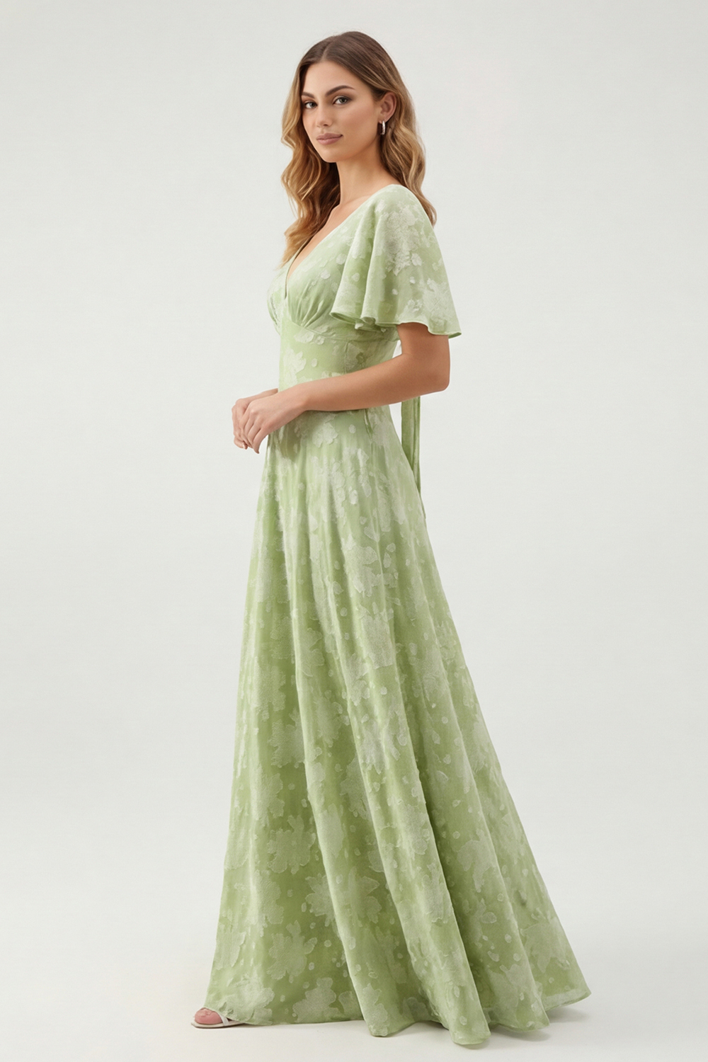 Sage Green Floral A Line V-Neck Maxi Wedding Guest Dress