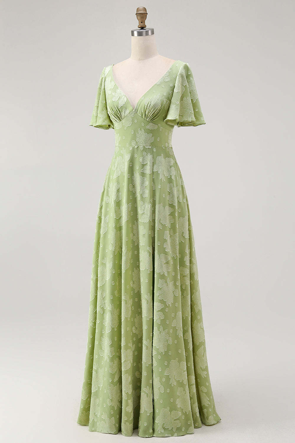 Sage Green Floral A Line V-Neck Maxi Wedding Guest Dress