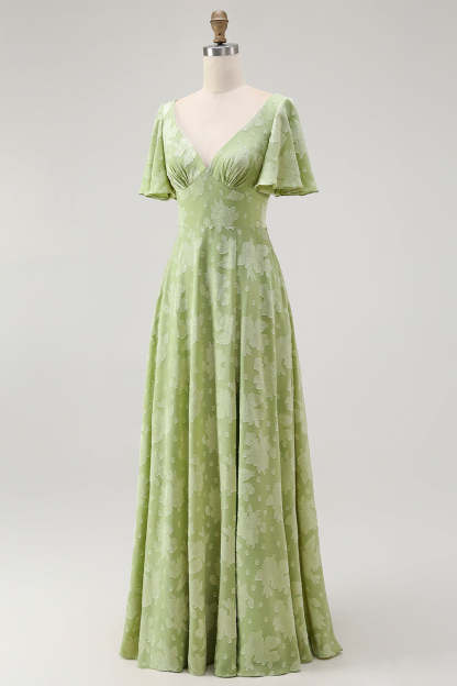 Sage Green Floral A Line V-Neck Maxi Wedding Guest Dress