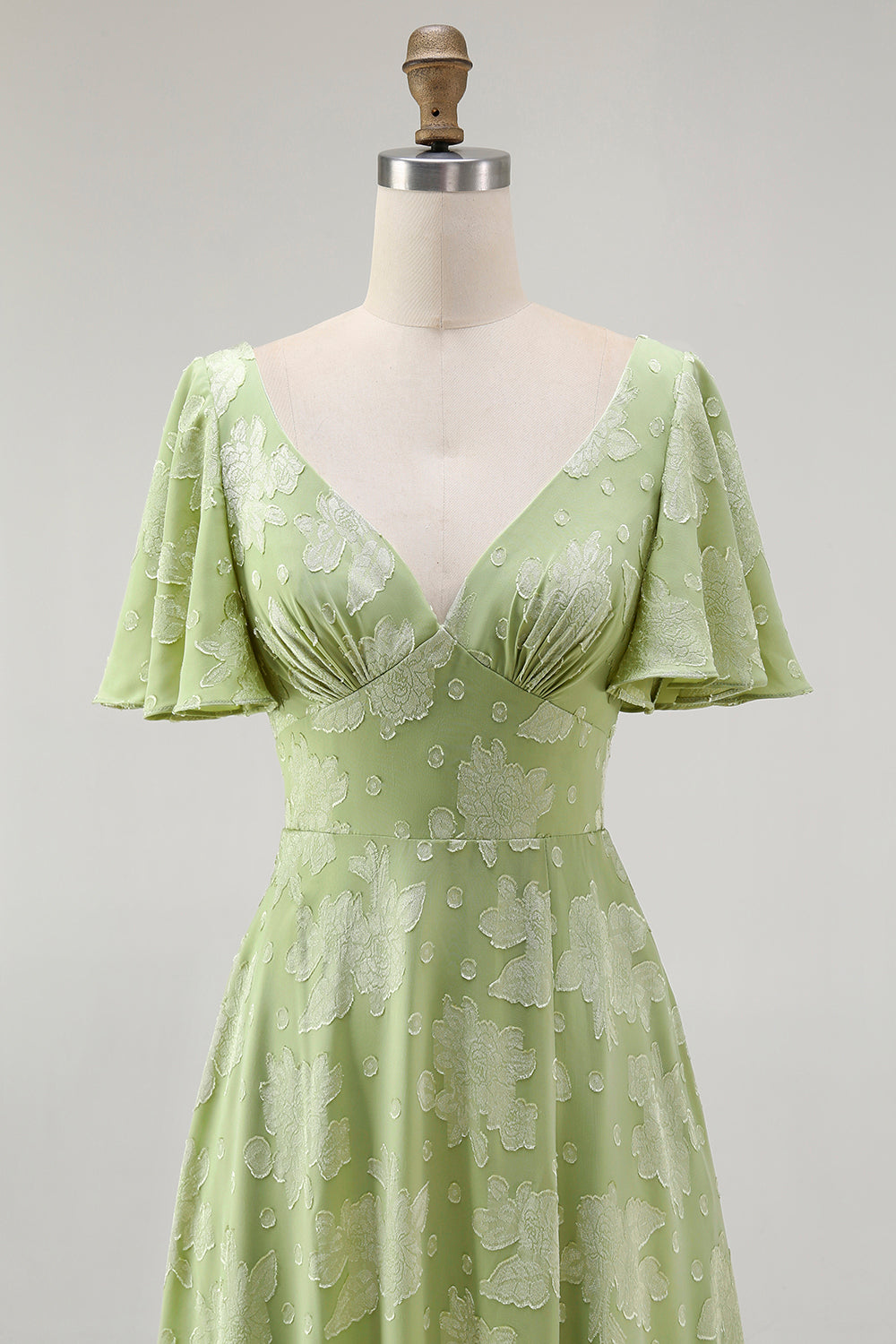 Sage Green Floral A Line V-Neck Maxi Wedding Guest Dress