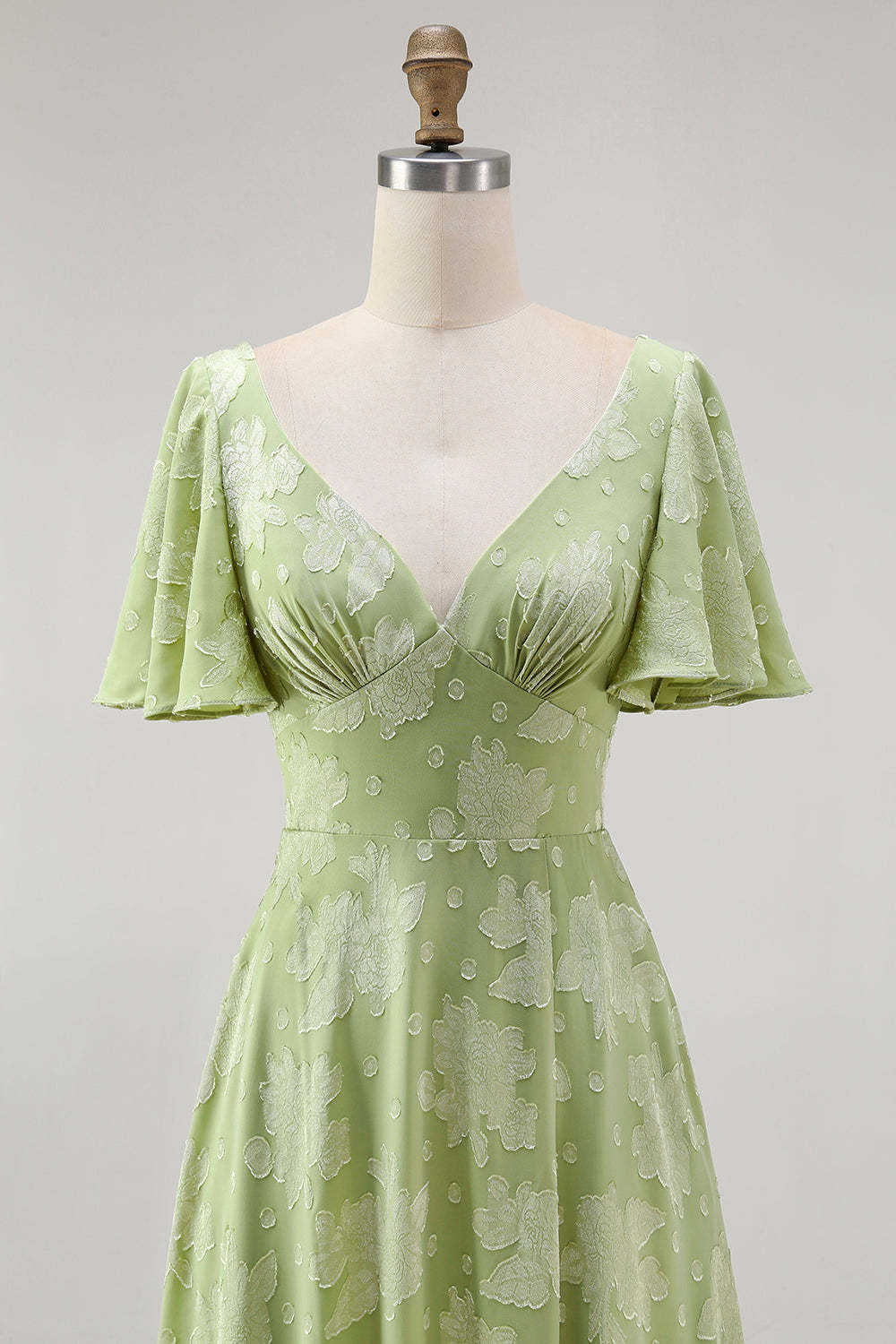 Sage Green Floral A Line V-Neck Maxi Wedding Guest Dress