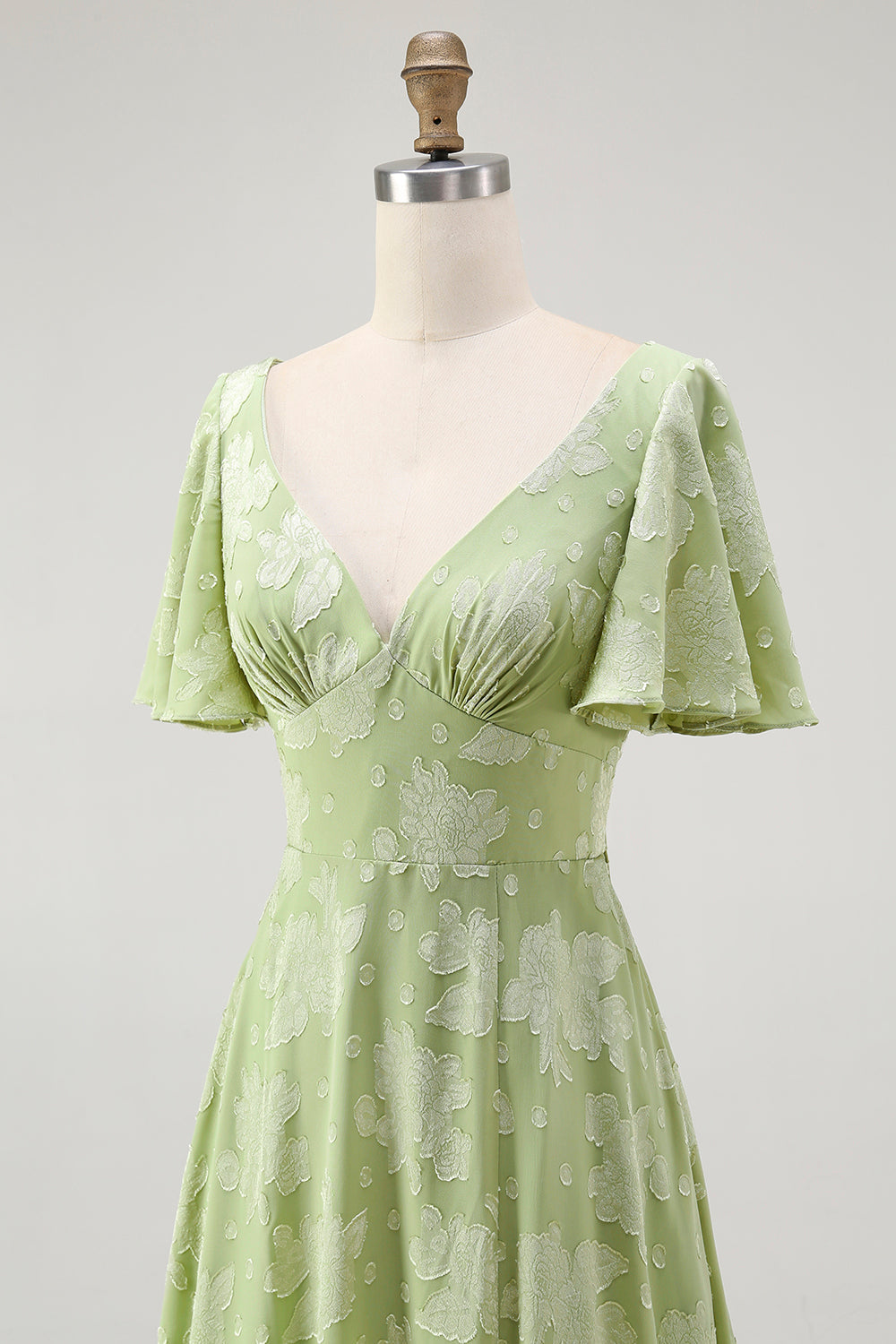 Sage Green Floral A Line V-Neck Maxi Wedding Guest Dress