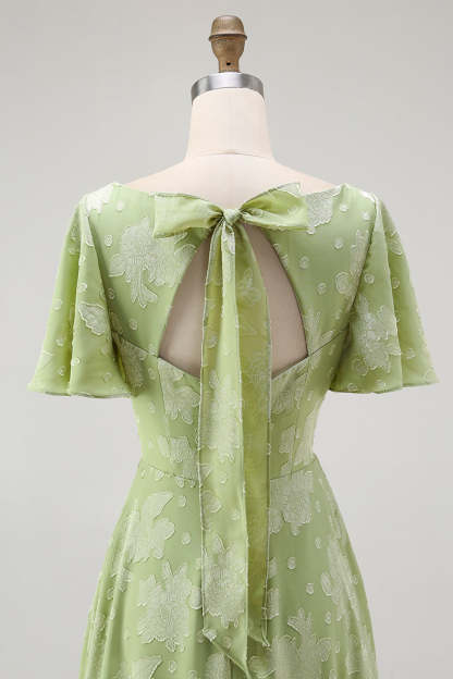 Sage Green Floral A Line V-Neck Maxi Wedding Guest Dress