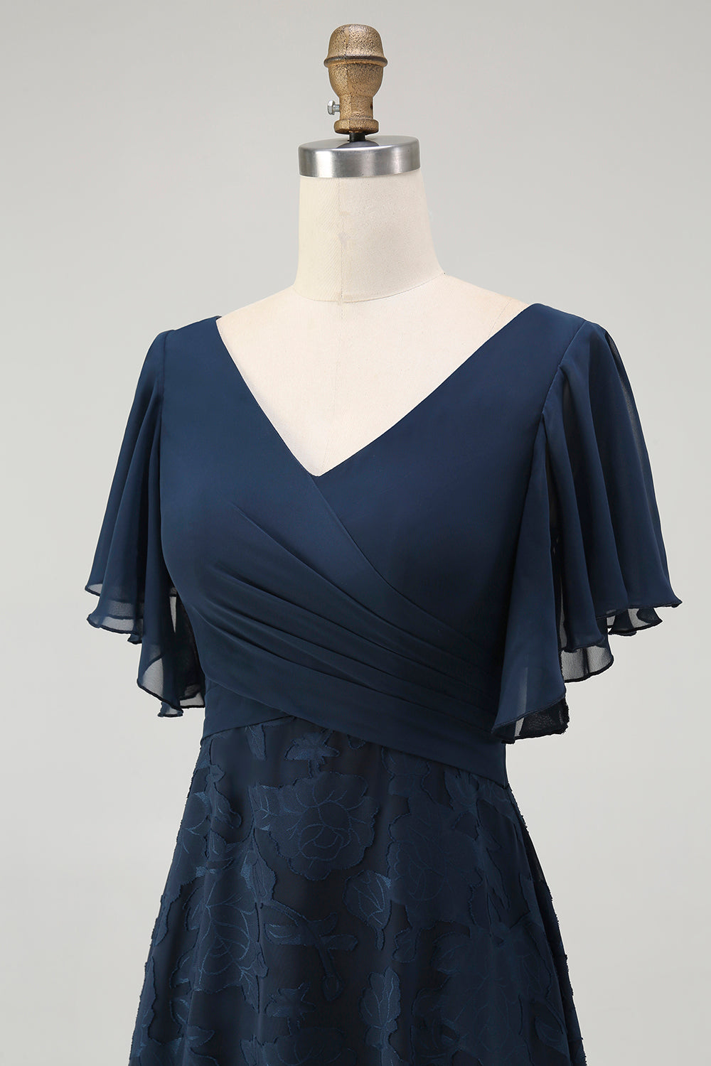 Navy Floral V-Neck Maxi Bridesmaid Dress with Sleeves