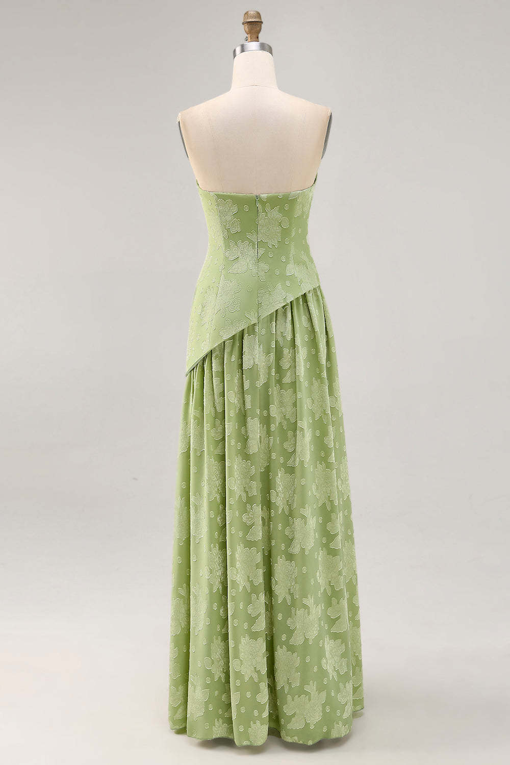 Maxi Sage Green Floral Strapless A Line Wedding Guest Dress with Slit