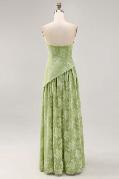 Maxi Sage Green Floral Strapless A Line Wedding Guest Dress with Slit