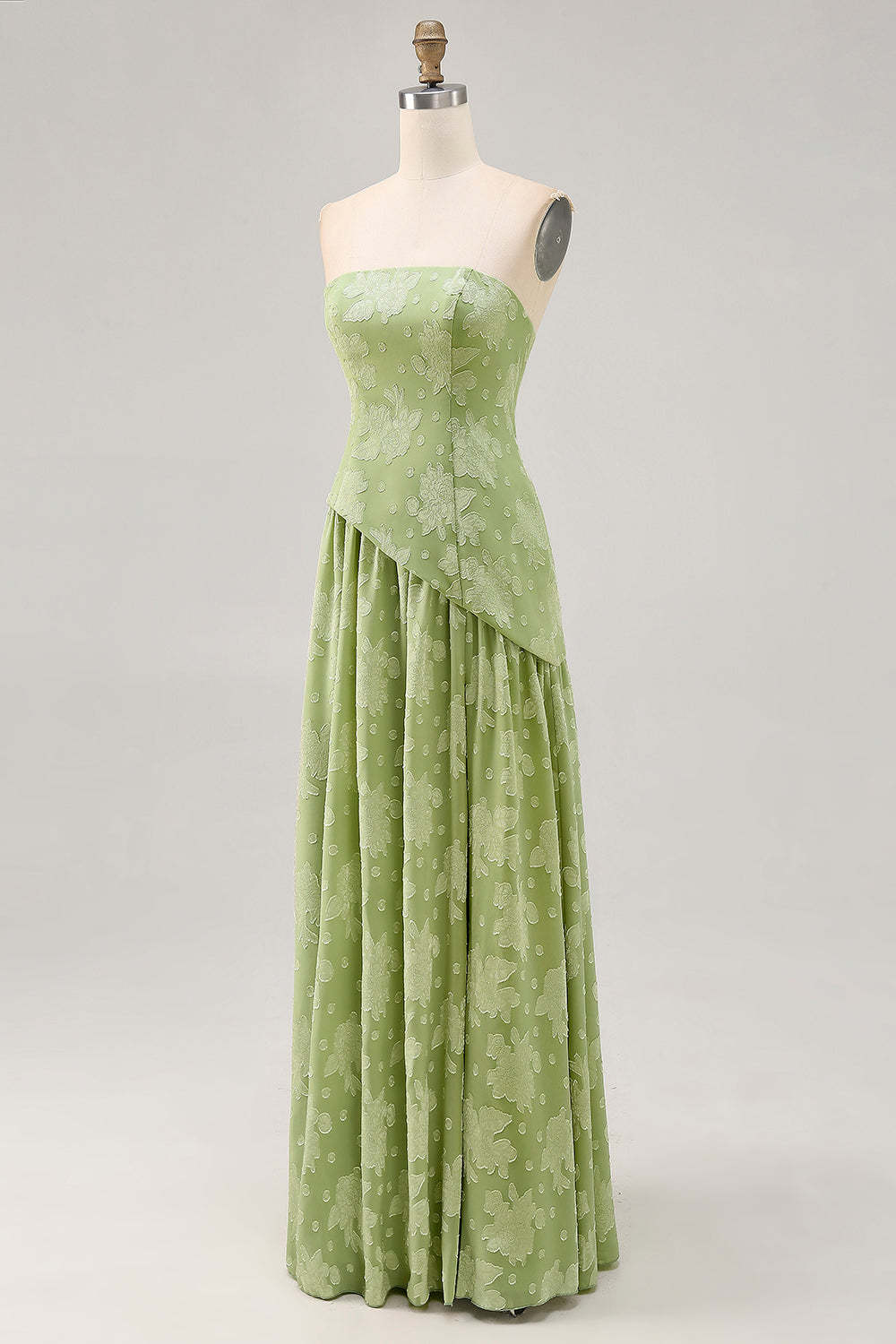 Maxi Sage Green Floral Strapless A Line Wedding Guest Dress with Slit