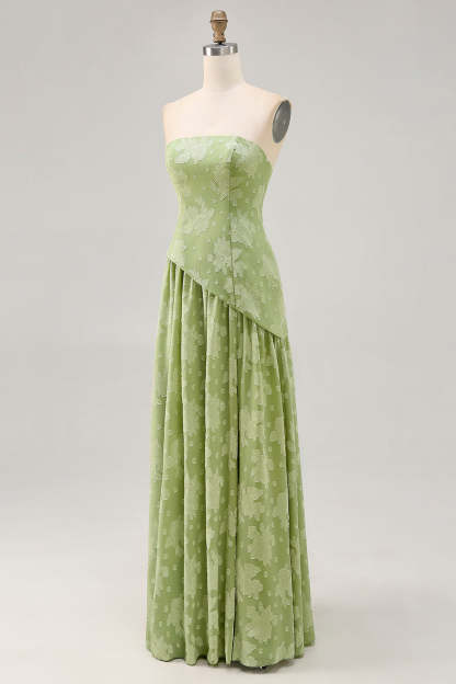 Maxi Sage Green Floral Strapless A Line Wedding Guest Dress with Slit