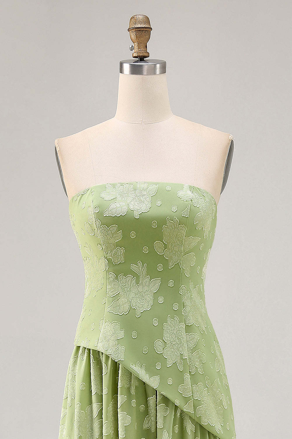 Maxi Sage Green Floral Strapless A Line Wedding Guest Dress with Slit