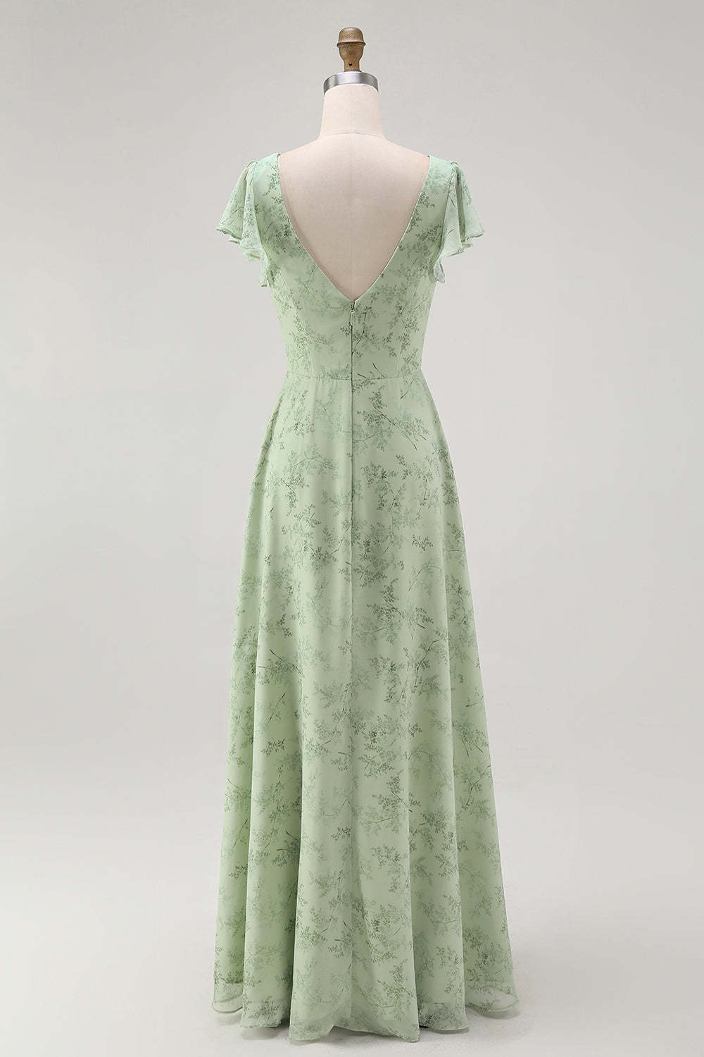 Sage Green Floral A Line V-Neck Long Wedding Guest Dress with Slit