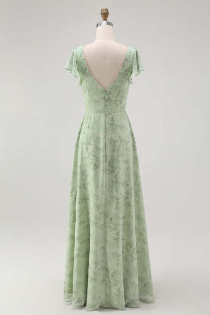 Sage Green Floral A Line V-Neck Long Wedding Guest Dress with Slit