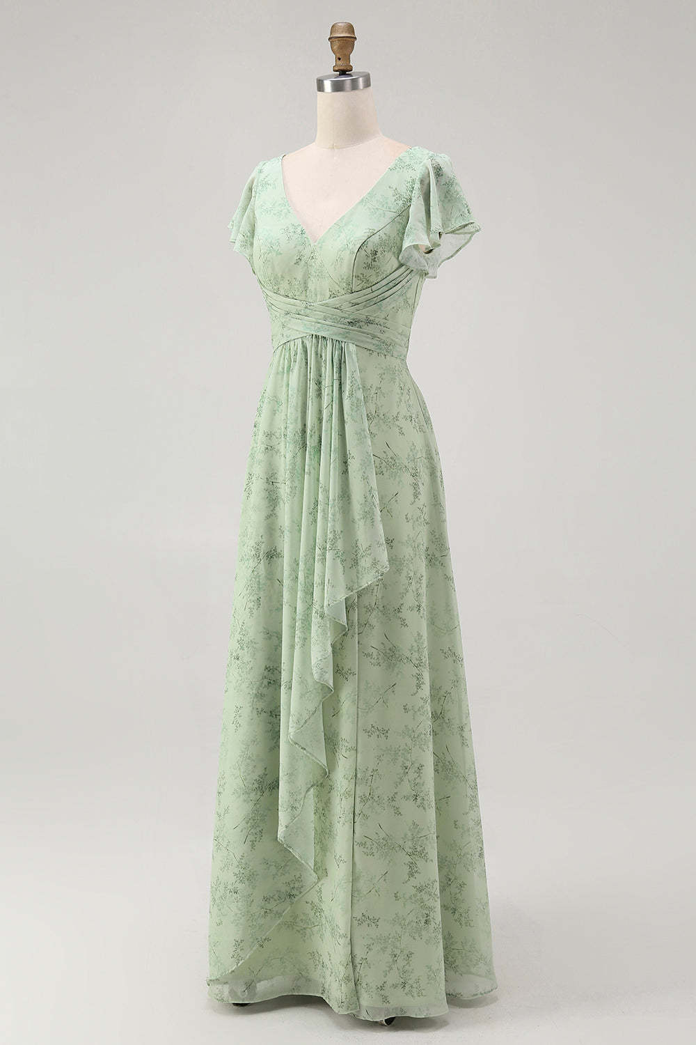 Sage Green Floral A Line V-Neck Long Wedding Guest Dress with Slit