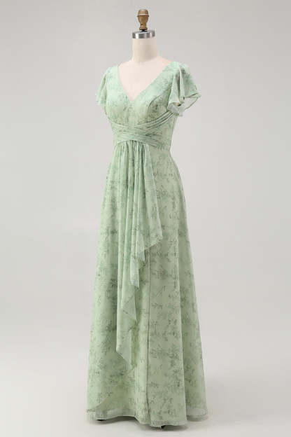 Sage Green Floral A Line V-Neck Long Wedding Guest Dress with Slit