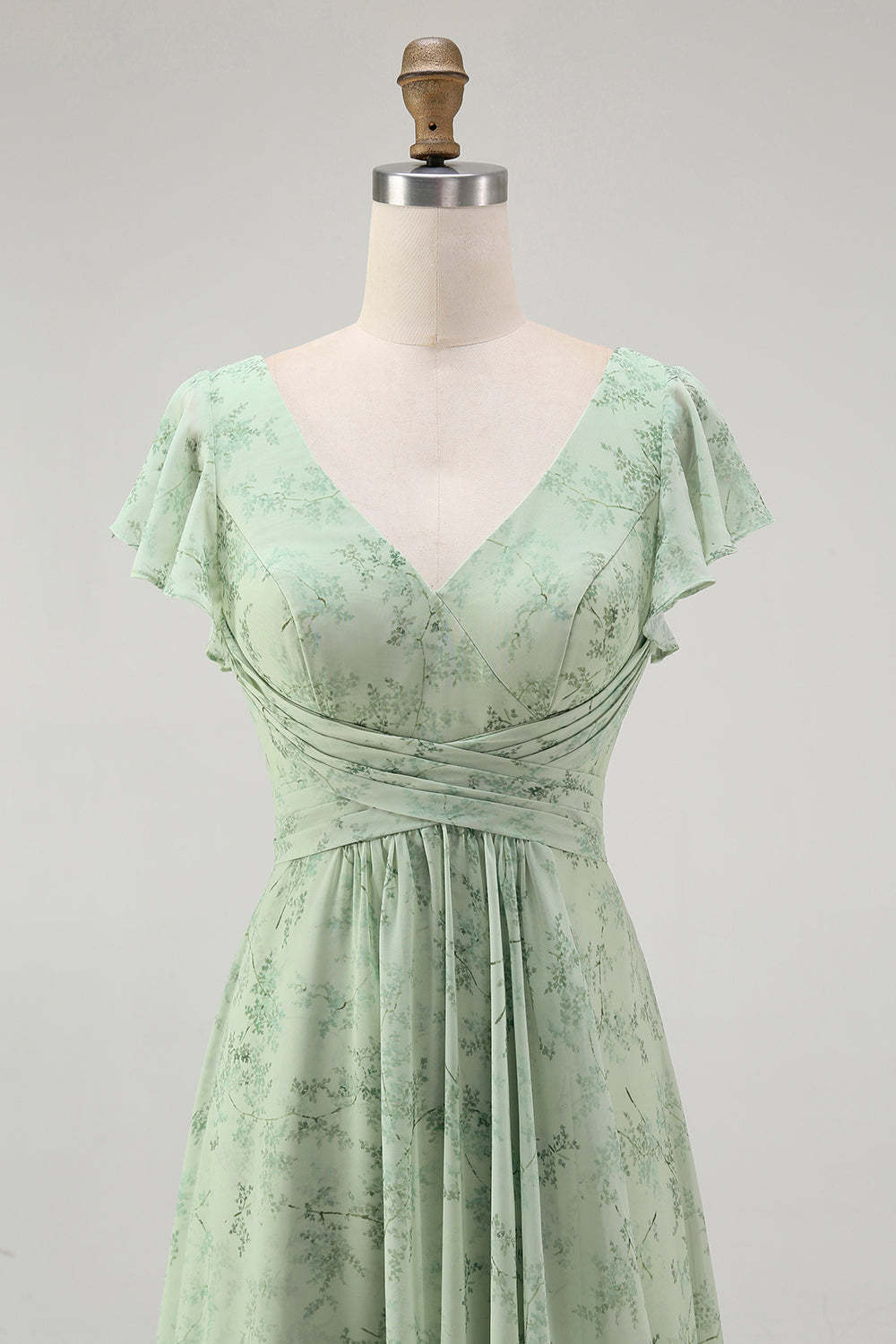 Sage Green Floral A Line V-Neck Long Wedding Guest Dress with Slit