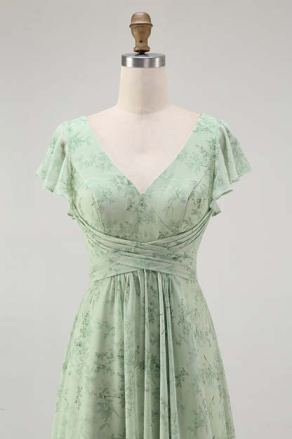 Sage Green Floral A Line V-Neck Long Wedding Guest Dress with Slit