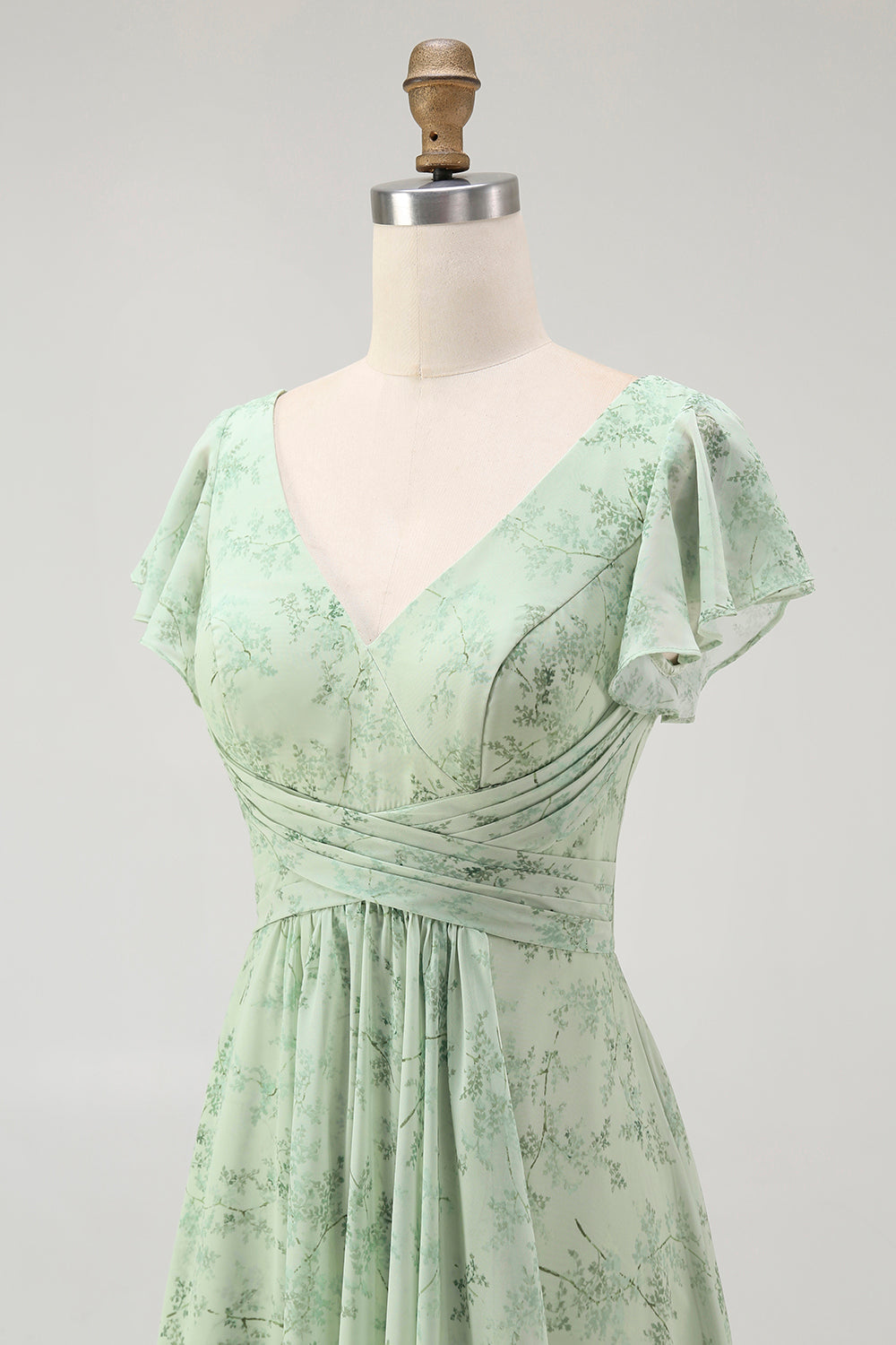 Sage Green Floral A Line V-Neck Long Wedding Guest Dress with Slit