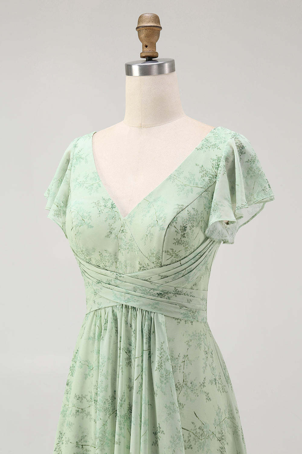 Sage Green Floral A Line V-Neck Long Wedding Guest Dress with Slit