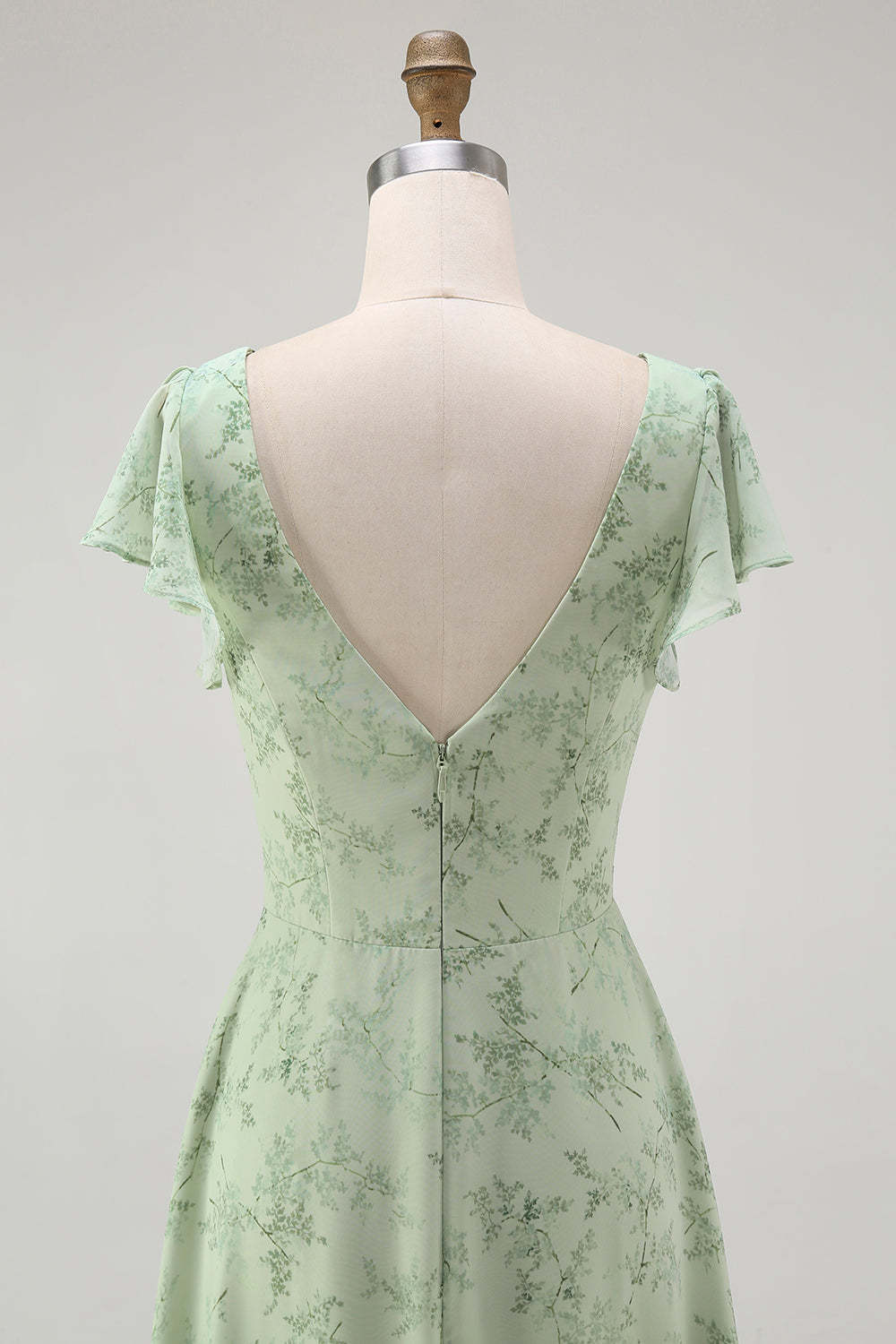 Sage Green Floral A Line V-Neck Long Wedding Guest Dress with Slit