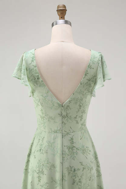 Sage Green Floral A Line V-Neck Long Wedding Guest Dress with Slit