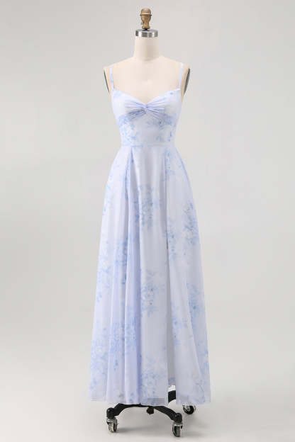 Leely Women Blue Floral A-Line Long Wedding Guest Dress Chiffon Spaghetti Straps Bridesmaid Dress