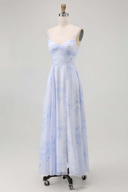 Blue Spaghetti Straps Chiffon A-Line Long Floral Wedding Guest Dress