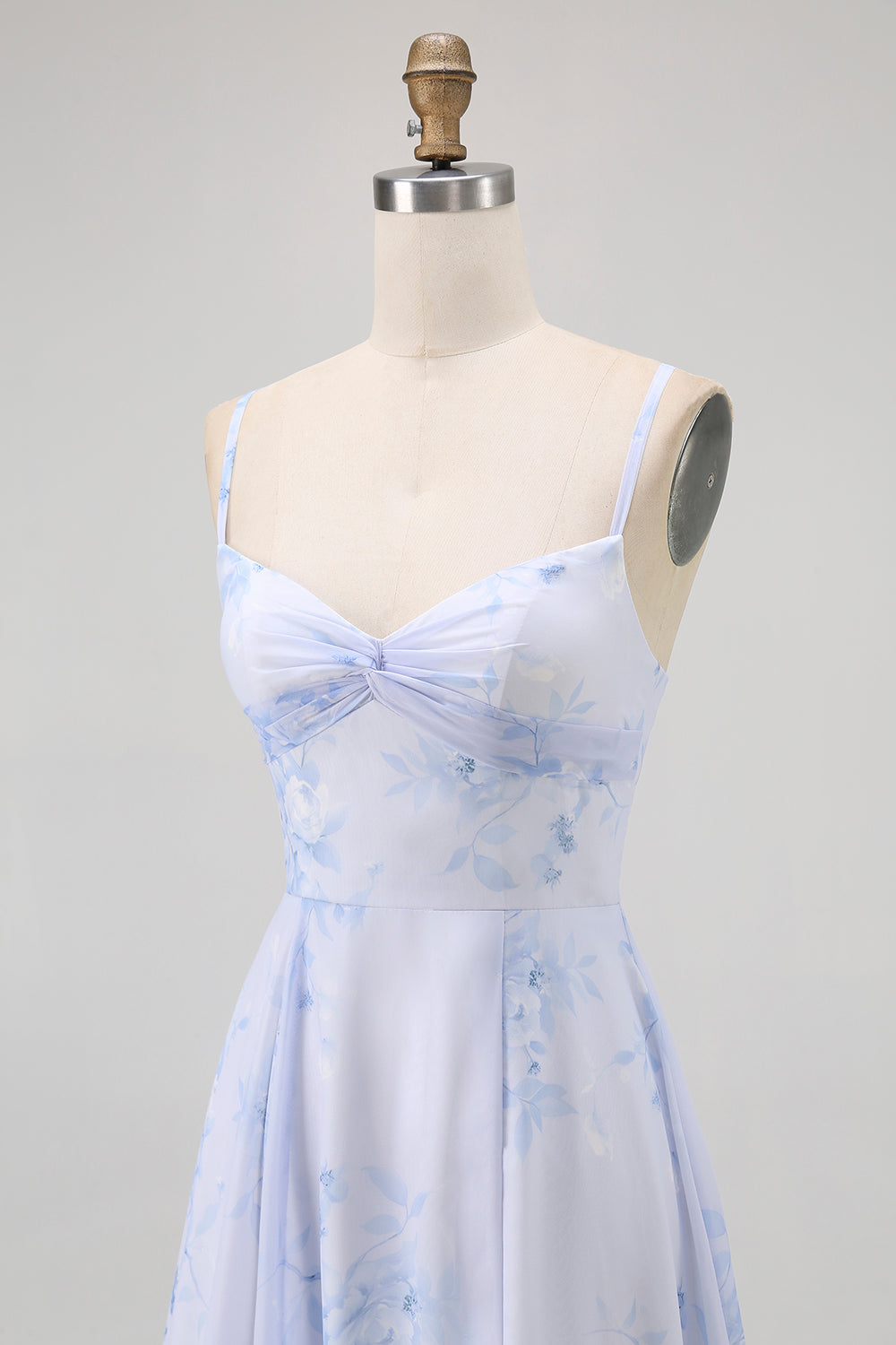 Blue Spaghetti Straps Chiffon A-Line Long Floral Wedding Guest Dress