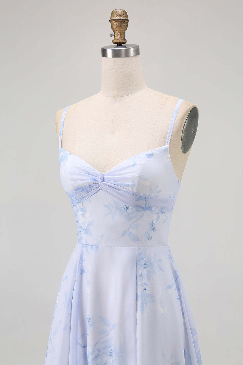 Blue Spaghetti Straps Chiffon A-Line Long Floral Wedding Guest Dress