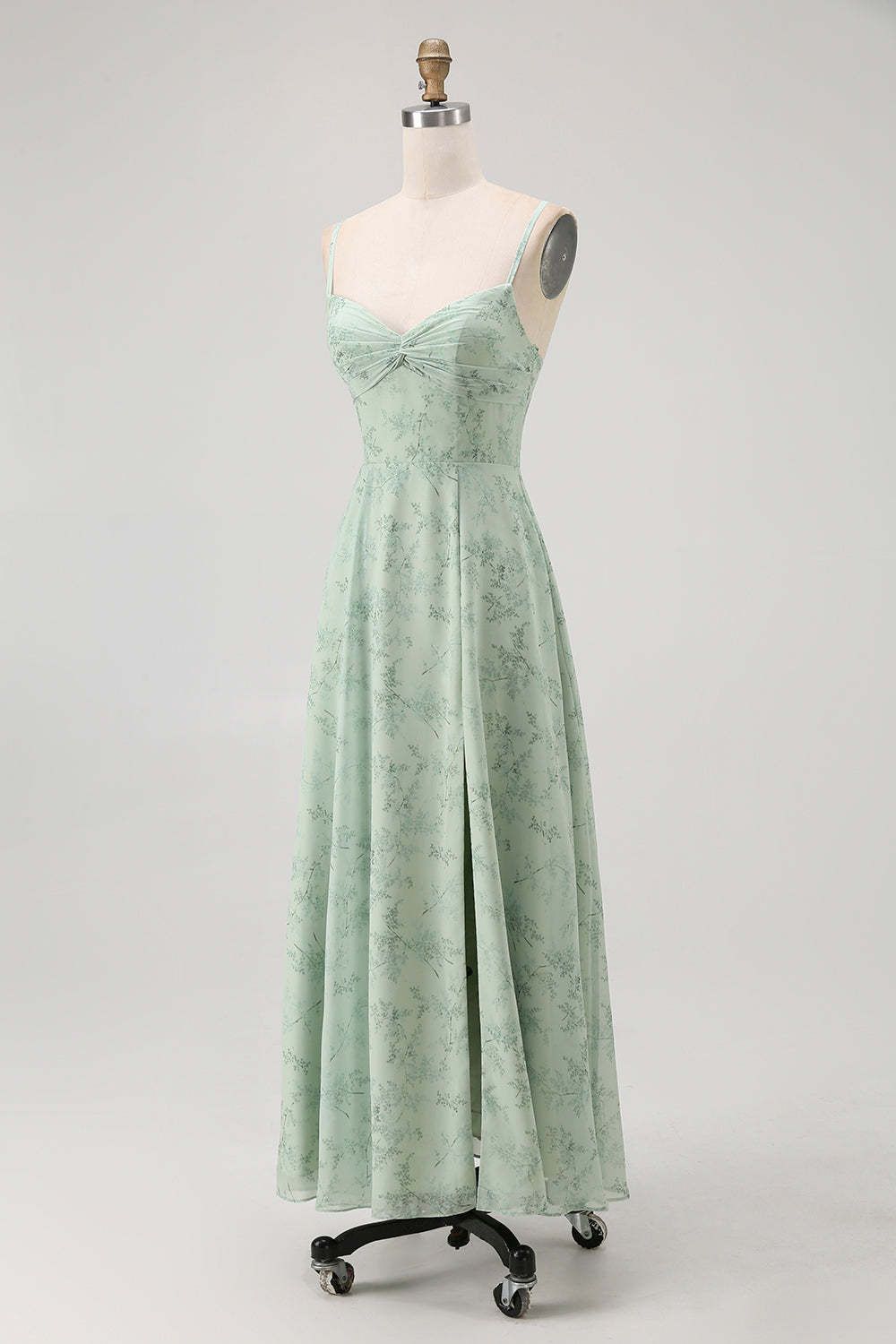 Blue Spaghetti Straps Chiffon A-Line Long Floral Wedding Guest Dress