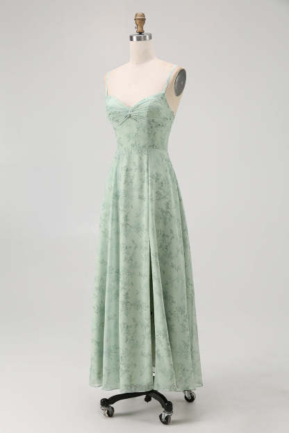 Blue Spaghetti Straps Chiffon A-Line Long Floral Wedding Guest Dress