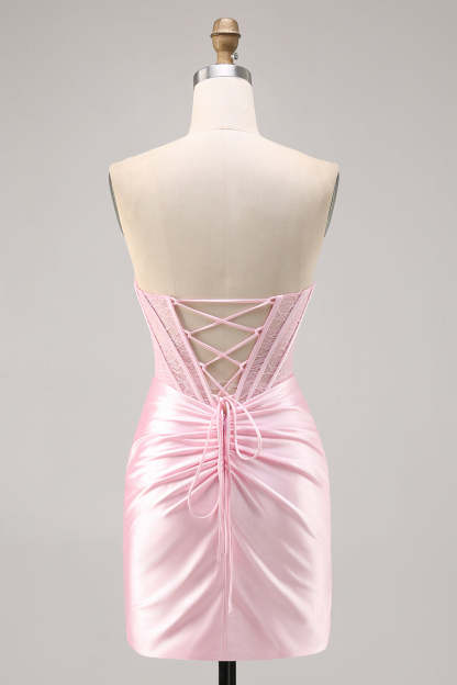 Pink Corset Satin Ruched Strapless Mini Homecoming Dress