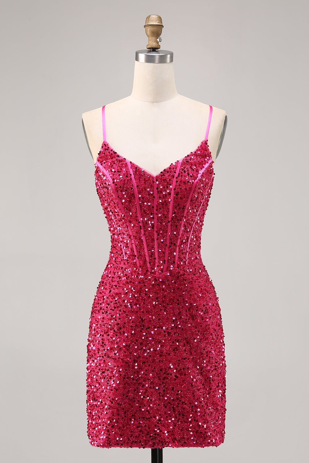 Sparkly Fuchsia Corset Tight Mini Sequins Homecoming Dress with Lace up Back