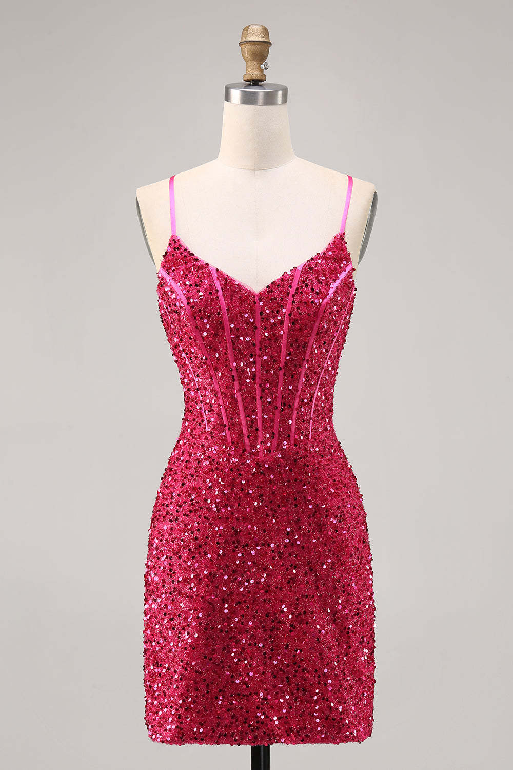 Leely Women Sparkly Fuchsia Corset Sequins Homecoming Dress Tight Mini Spaghetti Straps Cocktail Dress with Lace up Back