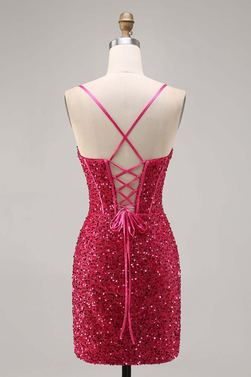 Sparkly Fuchsia Corset Tight Mini Sequins Homecoming Dress with Lace up Back