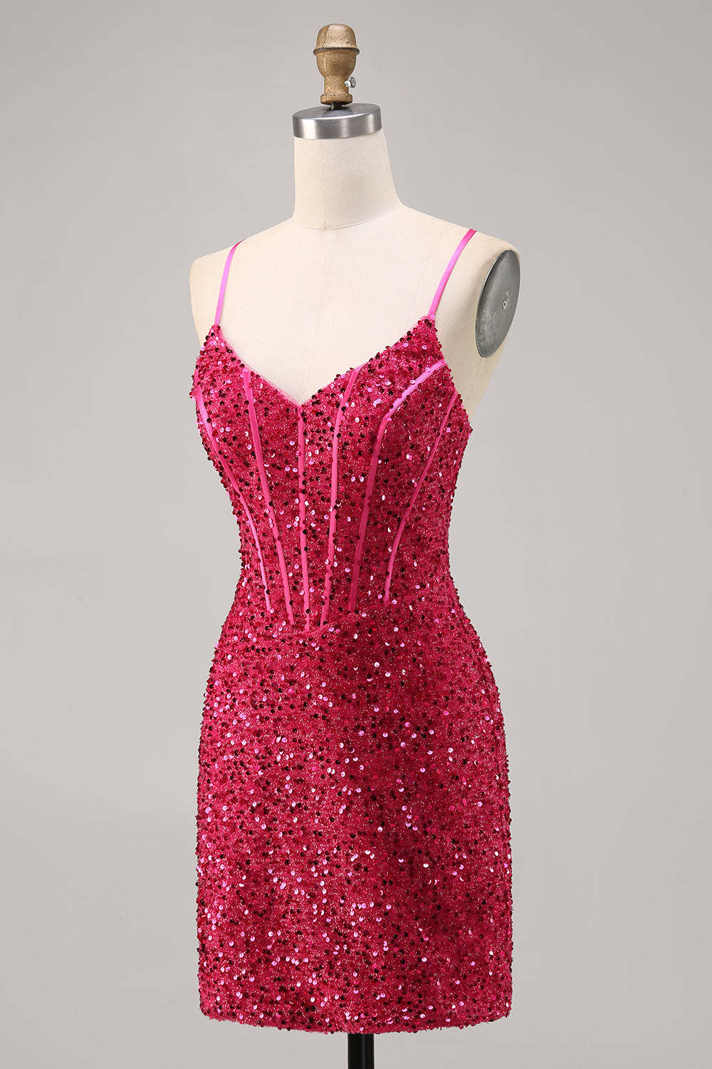 Sparkly Fuchsia Corset Tight Mini Sequins Homecoming Dress with Lace up Back