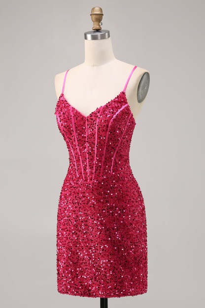 Sparkly Fuchsia Corset Tight Mini Sequins Homecoming Dress with Lace up Back