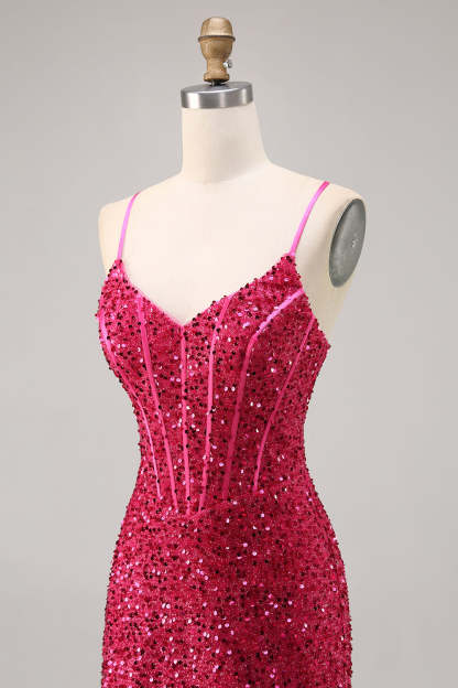 Sparkly Fuchsia Corset Tight Mini Sequins Homecoming Dress with Lace up Back