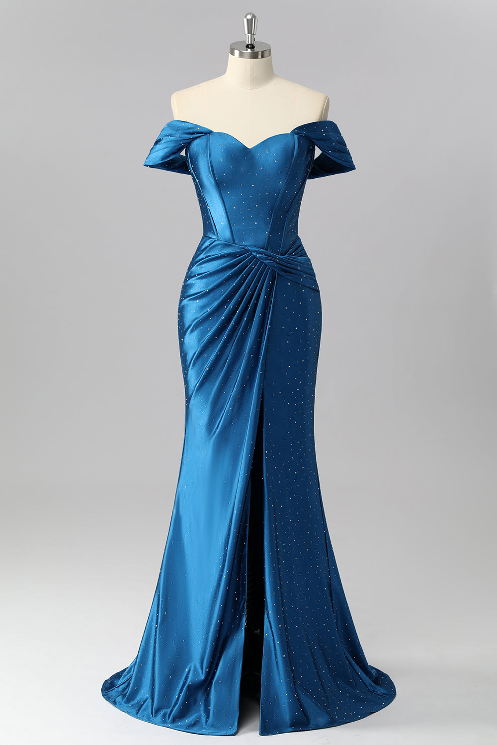 Sparkly Dark Blue Satin Off the Shoulder Mermaid Long Corset Prom Dress with Beading