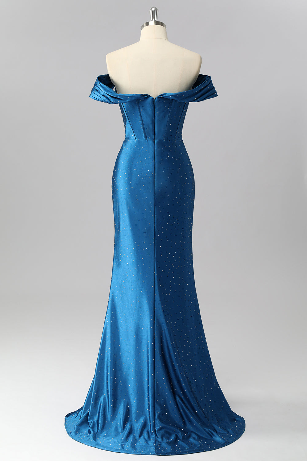 Sparkly Dark Blue Satin Off the Shoulder Mermaid Long Corset Prom Dress with Beading