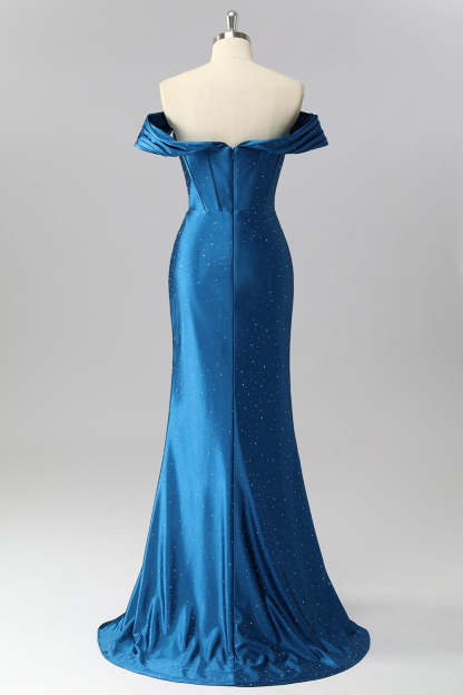 Sparkly Dark Blue Satin Off the Shoulder Mermaid Long Corset Prom Dress with Beading